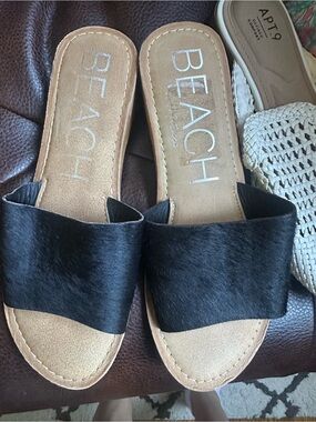 Oh Black Slide Sandals with Wide Haircalf Strap